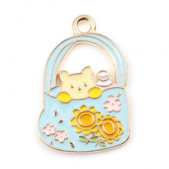 Picture of Zinc Based Alloy Cute Charms Handbag Gold Plated Multicolor Cat Enamel 25mm x 17mm, 5 PCs