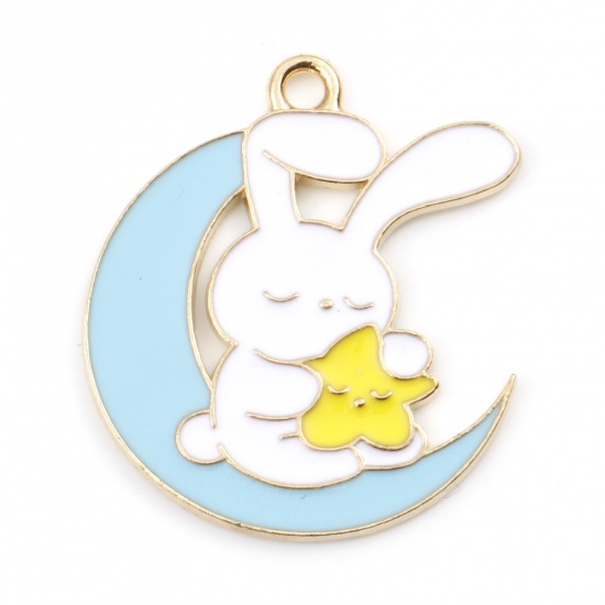 Picture of Zinc Based Alloy Cute Charms Rabbit Animal Gold Plated Blue Moon Enamel 28mm x 24mm, 5 PCs