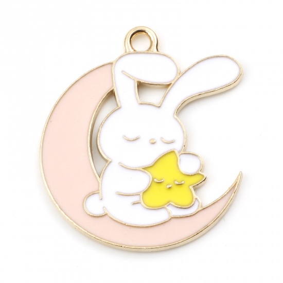Picture of Zinc Based Alloy Cute Charms Rabbit Animal Gold Plated Pink Moon Enamel 28mm x 24mm, 5 PCs