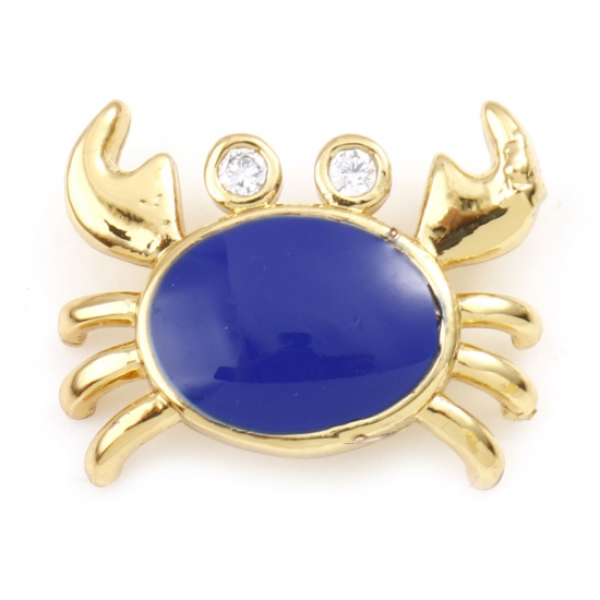 Picture of Brass Ocean Jewelry Charms Gold Plated Dark Blue Crab Animal Enamel Clear Rhinestone 16mm x 13mm, 1 Piece                                                                                                                                                     