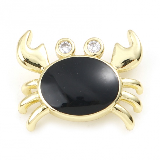 Picture of Brass Ocean Jewelry Charms Gold Plated Black Crab Animal Enamel Clear Rhinestone 16mm x 13mm, 1 Piece                                                                                                                                                         