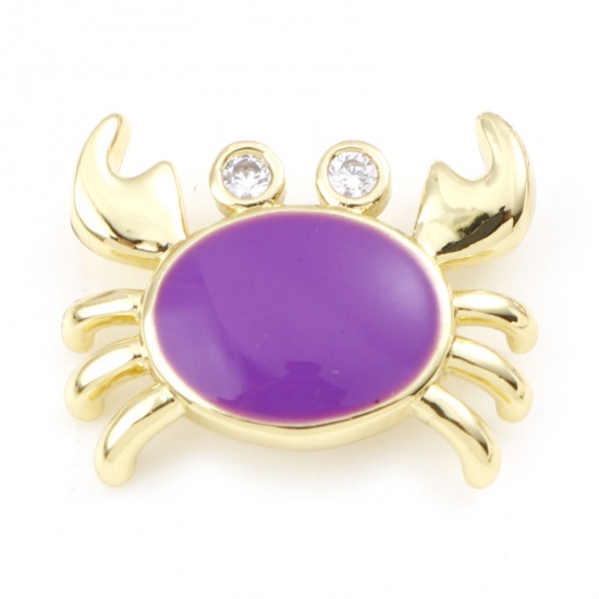 Picture of Brass Ocean Jewelry Charms Gold Plated Purple Crab Animal Enamel Clear Rhinestone 16mm x 13mm, 1 Piece                                                                                                                                                        