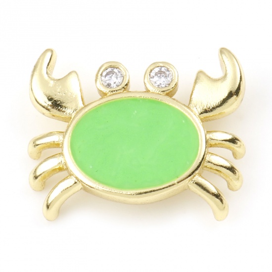 Picture of Brass Ocean Jewelry Charms Gold Plated Green Crab Animal Enamel Clear Rhinestone 16mm x 13mm, 1 Piece                                                                                                                                                         