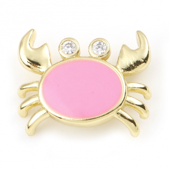 Picture of Brass Ocean Jewelry Charms Gold Plated Pink Crab Animal Enamel Clear Rhinestone 16mm x 13mm, 1 Piece                                                                                                                                                          