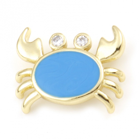 Picture of Brass Ocean Jewelry Charms Gold Plated Blue Crab Animal Enamel Clear Rhinestone 16mm x 13mm, 1 Piece                                                                                                                                                          