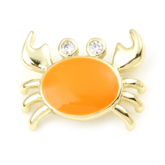 Picture of Brass Ocean Jewelry Charms Gold Plated Orange Crab Animal Enamel Clear Rhinestone 16mm x 13mm, 1 Piece                                                                                                                                                        