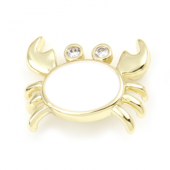 Picture of Brass Ocean Jewelry Charms Gold Plated White Crab Animal Enamel Clear Rhinestone 16mm x 13mm, 1 Piece                                                                                                                                                         