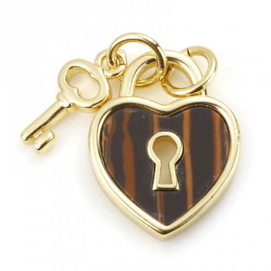 Picture of Brass & Tiger's Eyes Valentine's Day Charms Gold Plated Brown Heart Lock 18mm x 12mm, 1 Piece                                                                                                                                                                 