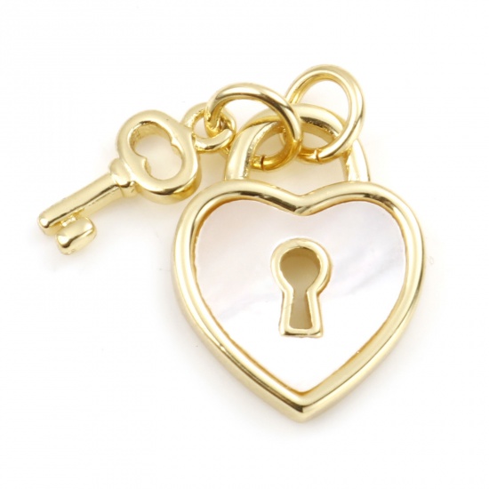 Picture of Copper & Shell Valentine's Day Charms Gold Plated White Heart Lock 18mm x 12mm, 1 Piece