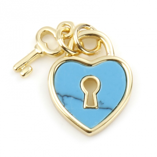 Picture of Brass & Turquoise Valentine's Day Charms Gold Plated Blue Heart Lock 18mm x 12mm, 1 Piece                                                                                                                                                                     