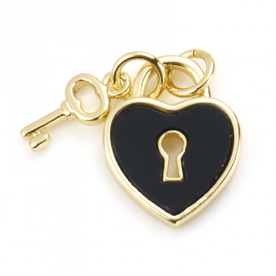 Picture of Brass & Synthetic Stone Valentine's Day Charms Gold Plated Black Heart Lock 18mm x 12mm, 1 Piece                                                                                                                                                              