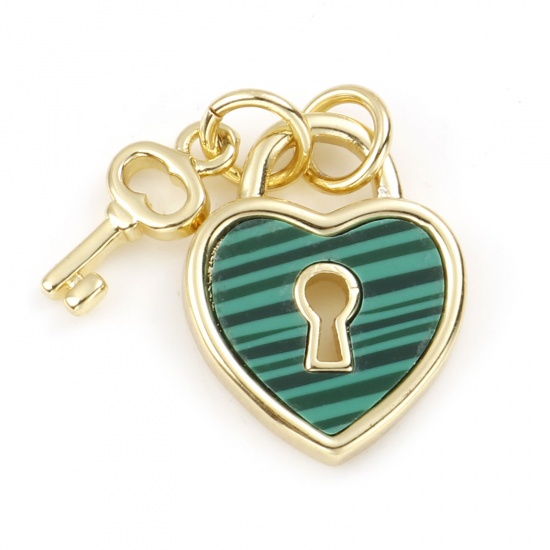 Picture of Brass & Malachite Valentine's Day Charms Gold Plated Green Heart Lock 18mm x 12mm, 1 Piece                                                                                                                                                                    