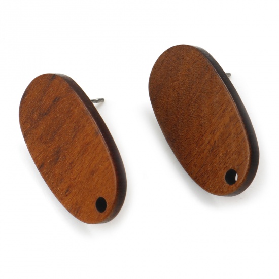 Bild von Wood Geometry Series Ear Post Stud Earrings Findings Oval Brown W/ Loop 27mm x 15mm, Post/ Wire Size: (21 gauge), 10 PCs