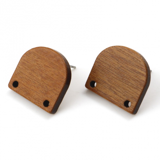 Bild von Wood Geometry Series Ear Post Stud Earrings Findings Half Ellipse Brown W/ Loop 18mm x 16mm, Post/ Wire Size: (21 gauge), 10 PCs