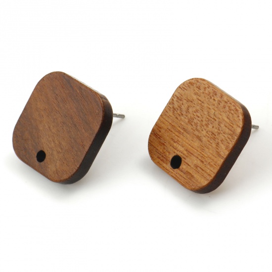 Bild von Wood Geometry Series Ear Post Stud Earrings Findings Square Brown W/ Loop 16mm x 16mm, Post/ Wire Size: (21 gauge), 10 PCs