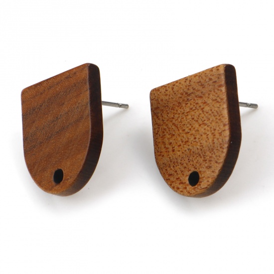 Bild von Wood Geometry Series Ear Post Stud Earrings Findings Half Ellipse Brown W/ Loop 17mm x 15mm, Post/ Wire Size: (21 gauge), 10 PCs
