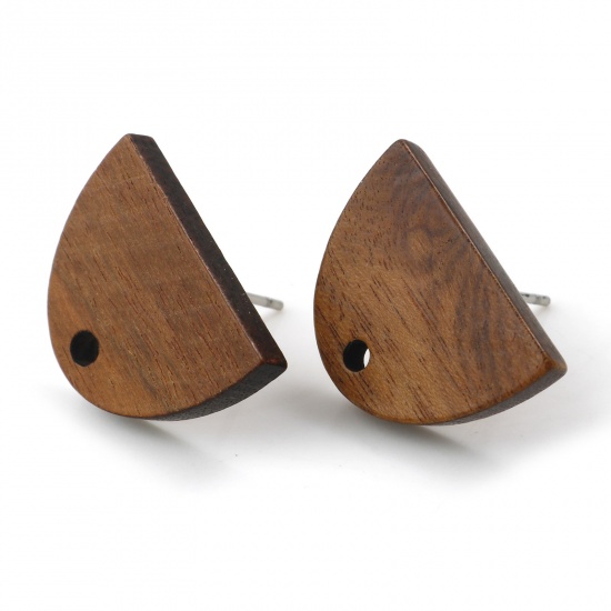 Bild von Wood Geometry Series Ear Post Stud Earrings Findings Half Ellipse Brown W/ Loop 18mm x 13mm, Post/ Wire Size: (21 gauge), 10 PCs