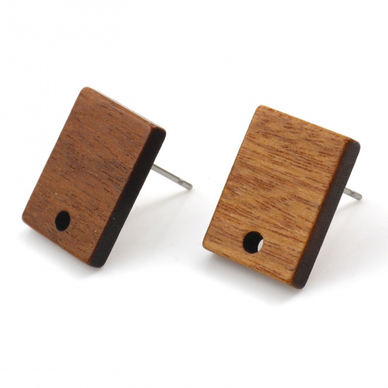 Bild von Wood Geometry Series Ear Post Stud Earrings Findings Rectangle Brown W/ Loop 15mm x 11mm, Post/ Wire Size: (21 gauge), 10 PCs