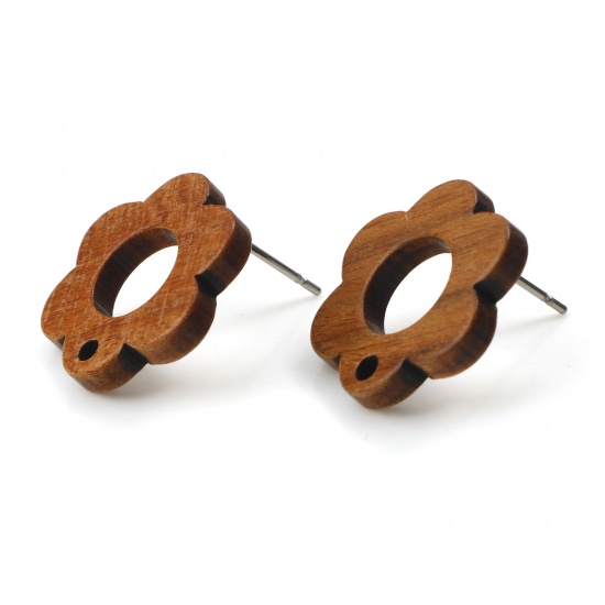 Picture of Wood Geometry Series Ear Post Stud Earrings Findings Flower Brown W/ Loop 17mm x 16mm, Post/ Wire Size: (21 gauge), 10 PCs