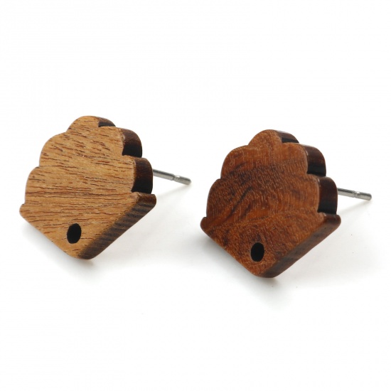 Bild von Wood Geometry Series Ear Post Stud Earrings Findings Fan-shaped Brown W/ Loop 17mm x 14mm, Post/ Wire Size: (21 gauge), 10 PCs