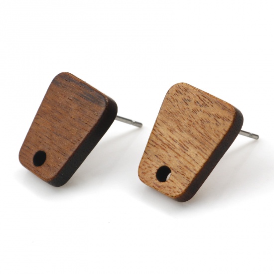 Bild von Wood Geometry Series Ear Post Stud Earrings Findings Trapezoid Brown W/ Loop 14mm x 12mm, Post/ Wire Size: (21 gauge), 10 PCs
