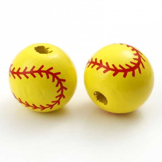 Bild von Wood Sport Spacer Beads Round Yellow Baseball About 16mm Dia., Hole: Approx 3mm, 20 PCs