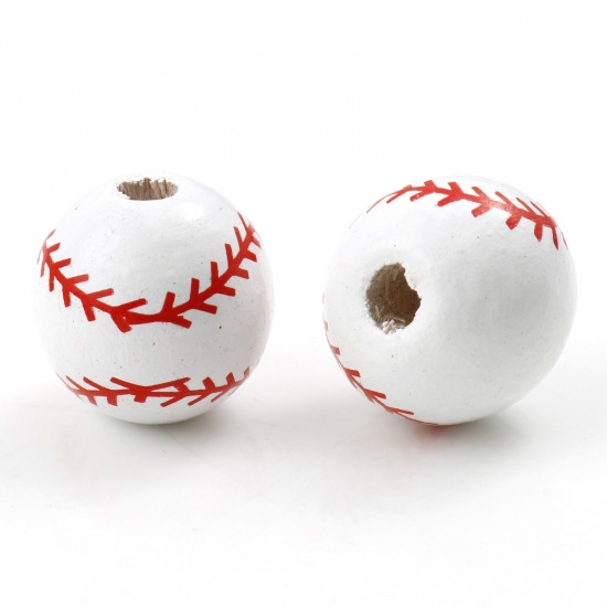 Immagine di Legno Sport Separatori Perline Tondo Bianco Baseball Disegno Circa: 16mm Dia, Foro: Circa 3mm, 20 Pz