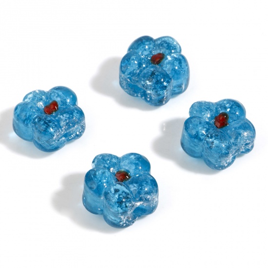 Picture of Lampwork Glass Flora Collection Beads Flower Lake Blue Silver Lined About 15mm x 14mm, Hole: Approx 1mm, 10 PCs