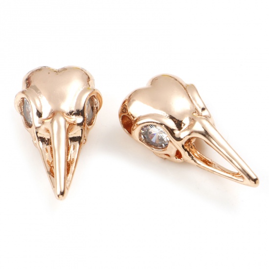Picture of Brass Punk Spacer Beads Rose Gold Bird Animal Clear Cubic Zirconia 21mm x 11mm, Hole: Approx 2.4mm, 2 PCs                                                                                                                                                     