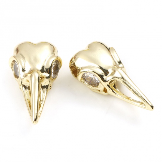 Picture of Brass Punk Spacer Beads Gold Plated Bird Animal Clear Cubic Zirconia 21mm x 11mm, Hole: Approx 2.4mm, 2 PCs                                                                                                                                                   