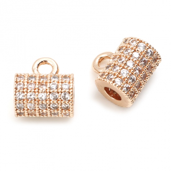 Picture of Brass & Cubic Zirconia Bail Beads Rose Gold Transparent Clear Cylinder 8mm x 7mm, 2 PCs                                                                                                                                                                       