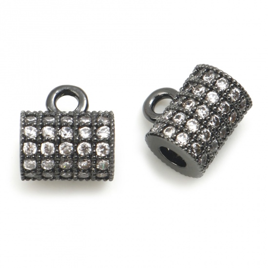 Picture of Brass & Cubic Zirconia Bail Beads Gunmetal Transparent Clear Cylinder 8mm x 7mm, 2 PCs                                                                                                                                                                        
