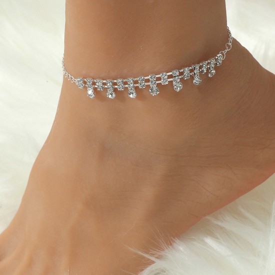 Picture of Brass Exquisite Anklet Tassel Silver Plated Clear Rhinestone 22.5cm(8 7/8") long, 1 Piece                                                                                                                                                                     