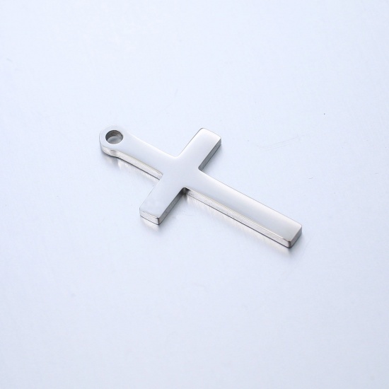 Imagen de 304 Acero Inoxidable Religión Colgantes Charms Cruz Tono de Plata Pulido 26mm x 13mm, 5 Unidades