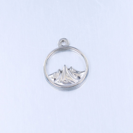 Picture of 304 Stainless Steel Travel Charms Silver Tone Round Mountain Hollow 18mm x 15mm, 1 Piece