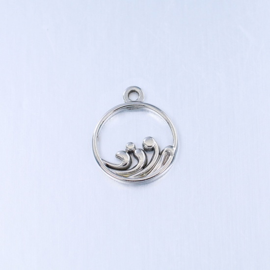 Picture of 304 Stainless Steel Charms Silver Tone Round Wave Hollow 18mm x 15mm, 1 Piece