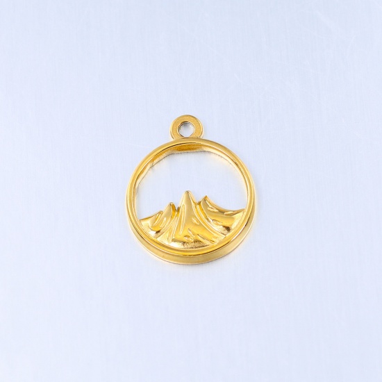 Picture of 304 Stainless Steel Charms Gold Plated Round Mountain Hollow 18mm x 15mm, 1 Piece