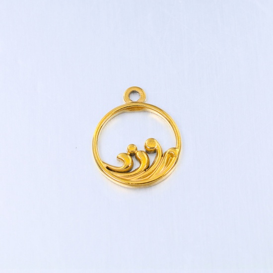 Picture of 304 Stainless Steel Charms Gold Plated Round Wave Hollow 18mm x 15mm, 1 Piece