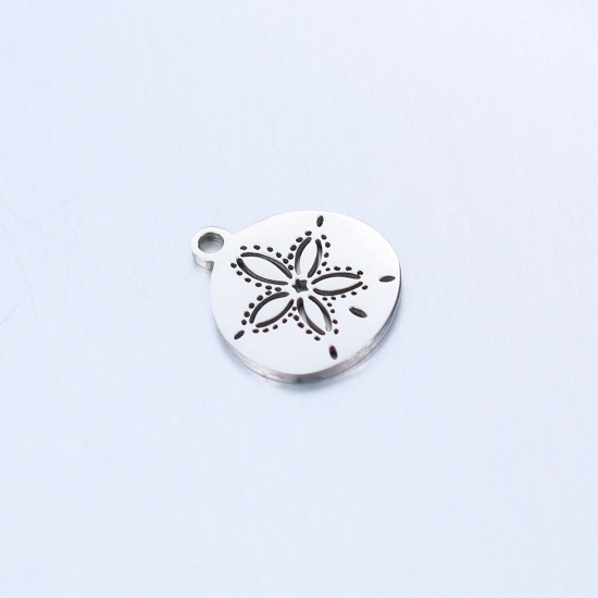 Picture of 304 Stainless Steel Ocean Jewelry Charms Silver Tone Round Sand Dollar Hollow 13.5mm x 12mm, 5 PCs