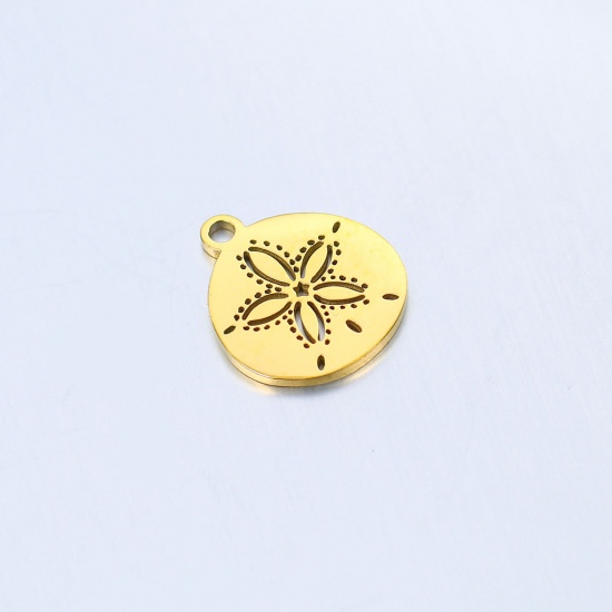 Picture of 304 Stainless Steel Ocean Jewelry Charms Gold Plated Round Sand Dollar Hollow 13.5mm x 12mm, 5 PCs
