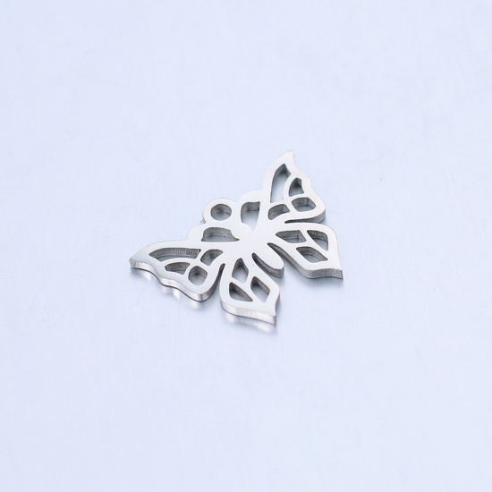 Picture of 304 Stainless Steel Insect Charms Silver Tone Butterfly Animal Hollow 14mm x 10.5mm, 5 PCs