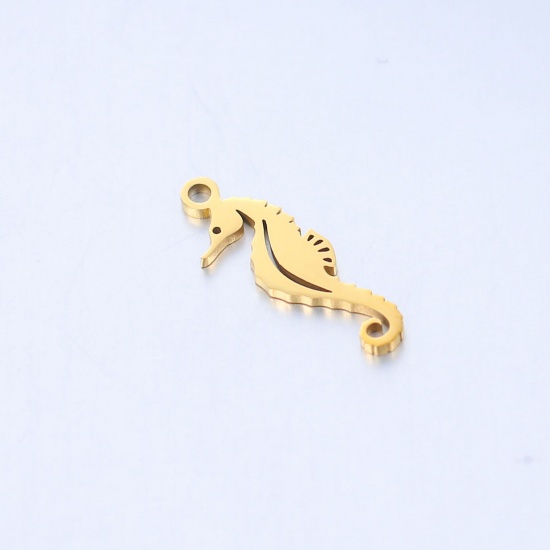 Picture of 304 Stainless Steel Ocean Jewelry Charms Gold Plated Seahorse Animal Polished 18mm x 6mm, 5 PCs