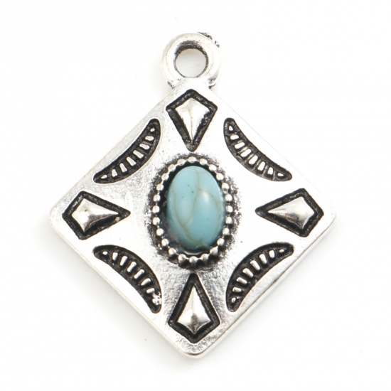 Picture of Zinc Based Alloy Boho Chic Bohemia Charms Antique Silver Color Green Blue Rhombus Carved Pattern With Resin Cabochons Imitation Turquoise 2.3cm x 2cm, 5 PCs
