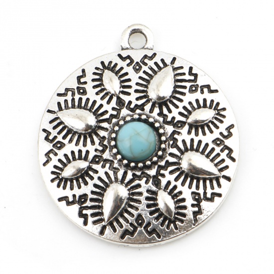 Picture of Zinc Based Alloy Boho Chic Bohemia Charms Antique Silver Color Green Blue Round Carved Pattern With Resin Cabochons Imitation Turquoise 2.8cm x 2.5cm, 5 PCs