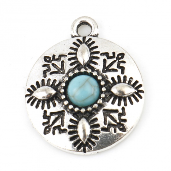 Picture of Zinc Based Alloy Boho Chic Bohemia Charms Antique Silver Color Green Blue Round Carved Pattern With Resin Cabochons Imitation Turquoise 22mm x 18mm, 5 PCs