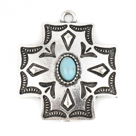 Picture of Zinc Based Alloy Boho Chic Bohemia Charms Antique Silver Color Green Blue Cross Carved Pattern With Resin Cabochons Imitation Turquoise 2.9cm x 2.5cm, 5 PCs