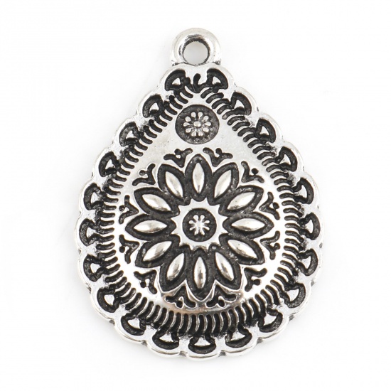 Picture of Zinc Based Alloy Flora Collection Charms Antique Silver Color Drop Carved Pattern 29mm x 21mm, 10 PCs
