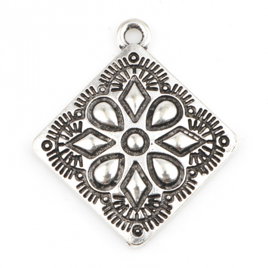 Picture of Zinc Based Alloy Charms Antique Silver Color Rhombus Carved Pattern 28mm x 25mm, 10 PCs