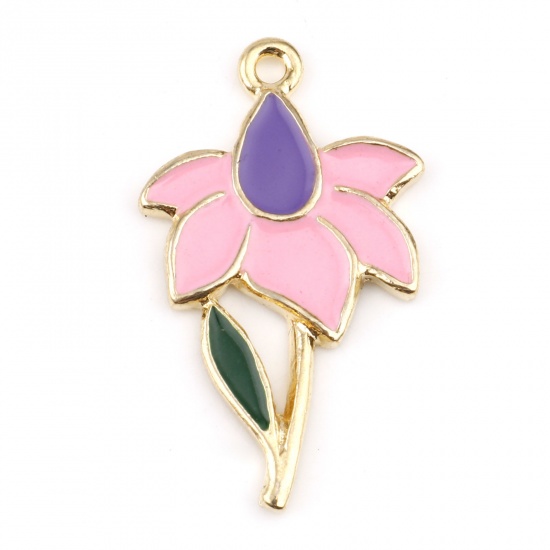 Picture of Zinc Based Alloy Flora Collection Charms Gold Plated Pink Flower Enamel 29mm x 17mm, 10 PCs