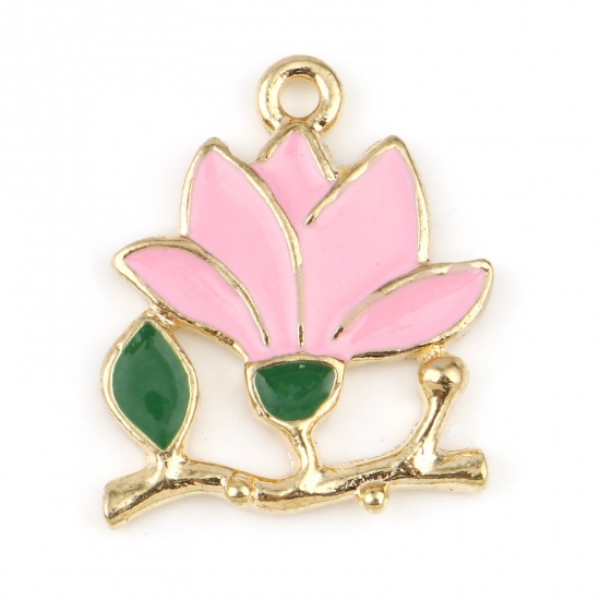 Picture of Zinc Based Alloy Flora Collection Charms Gold Plated Pink Flower Enamel 21mm x 18mm, 10 PCs